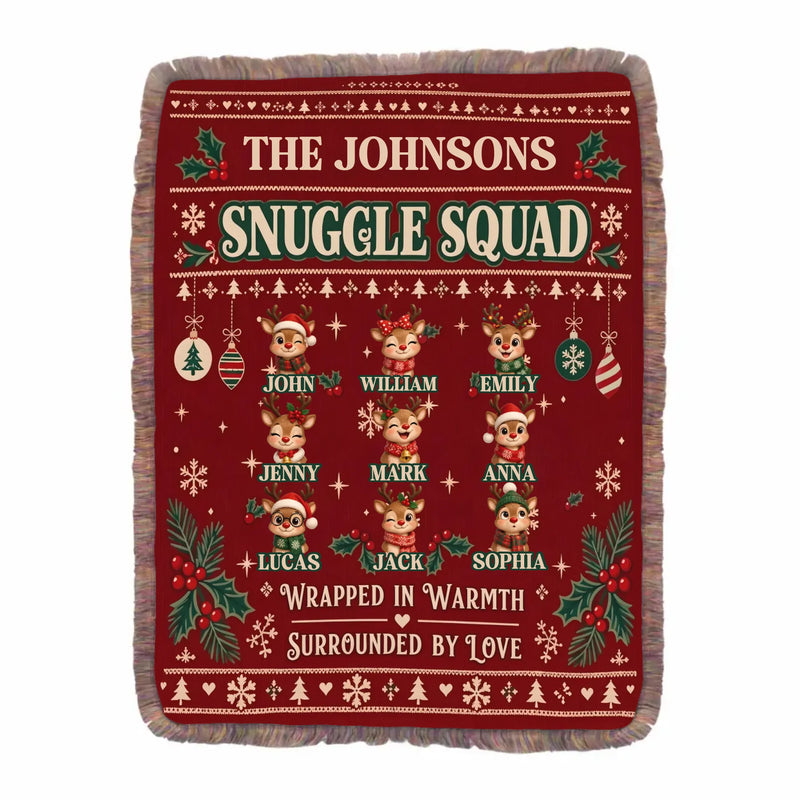 Personalized Family Christmas Fringe Blanket – Up to 9 Members, Custom Names & Reindeer Characters – Snuggle Squad, Wrapped in Warmth Surrounded by Love