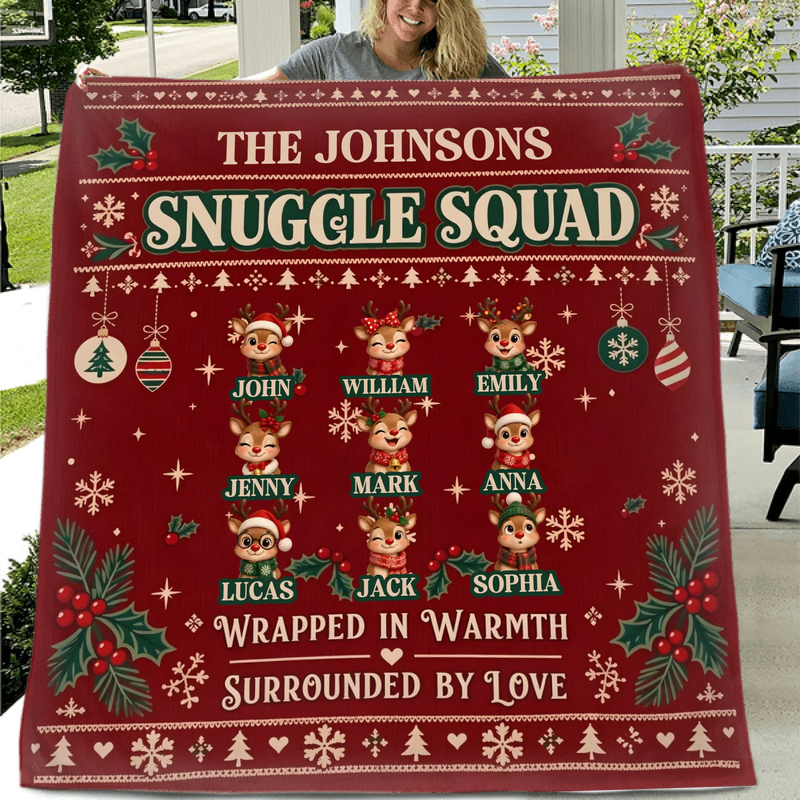 Personalized Family Christmas Blanket – Up to 9 Members, Custom Names & Reindeer Characters – Snuggle Squad, Wrapped in Warmth Surrounded by Love