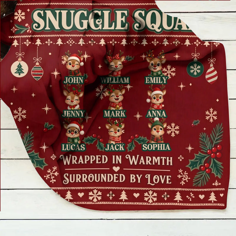 Personalized Family Christmas Blanket – Up to 9 Members, Custom Names & Reindeer Characters – Snuggle Squad, Wrapped in Warmth Surrounded by Love