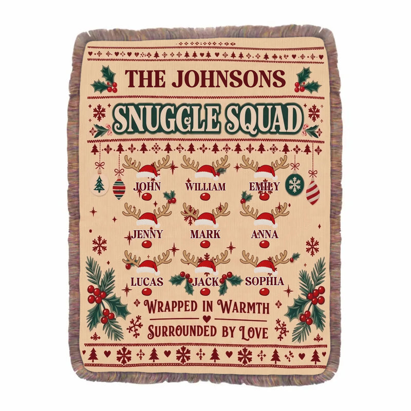Personalized Family Christmas Fringe Blanket – Snuggle Squad, Wrapped in Warmth Surrounded by Love – Up to 9 Members, Custom Family Names