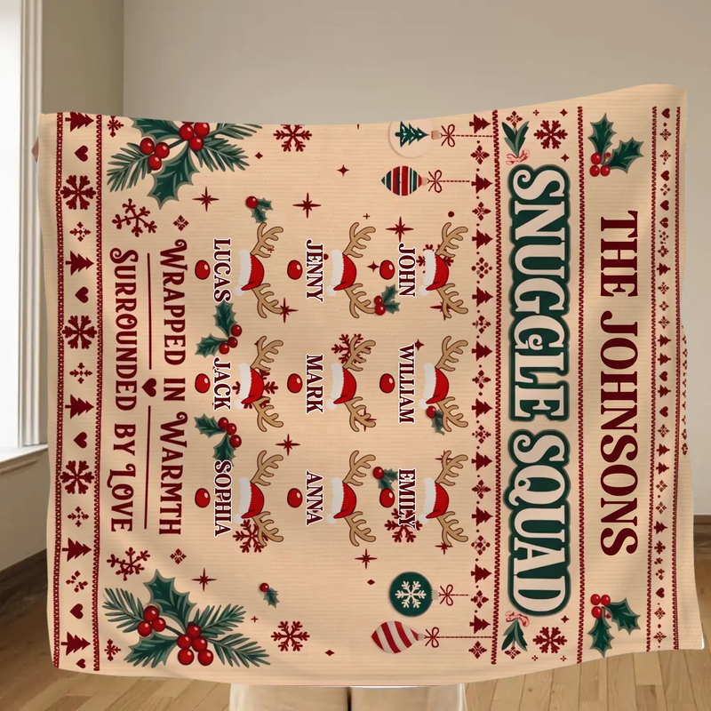 Personalized Family Christmas Fleece Throw Blanket - Snuggle Squad, Wrapped in Warmth Surrounded by Love - Up to 9 Members, Custom Family Names