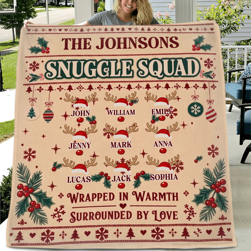 Personalized Family Christmas Fleece Throw Blanket - Snuggle Squad, Wrapped in Warmth Surrounded by Love - Up to 9 Members, Custom Family Names