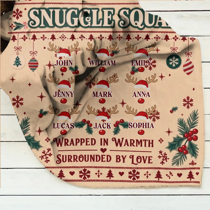 Personalized Family Christmas Fleece Throw Blanket - Snuggle Squad, Wrapped in Warmth Surrounded by Love - Up to 9 Members, Custom Family Names