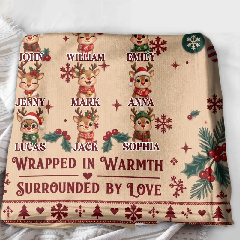 Personalized Family Christmas Blanket – Snuggle Squad, Wrapped in Warmth Surrounded by Love – Up to 9 Members, Custom Names & Reindeer Characters