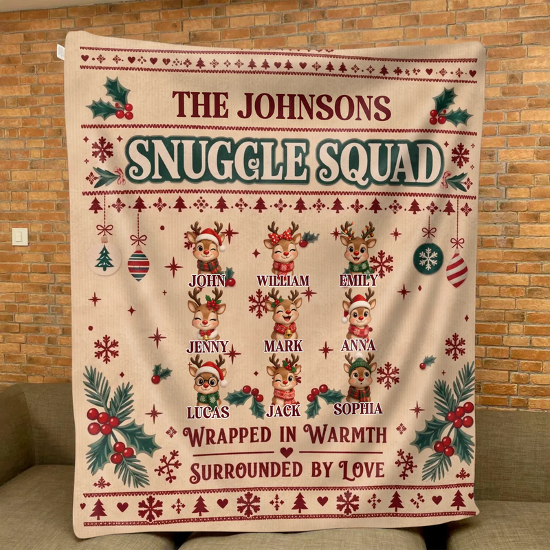 Personalized Family Christmas Blanket – Snuggle Squad, Wrapped in Warmth Surrounded by Love – Up to 9 Members, Custom Names & Reindeer Characters