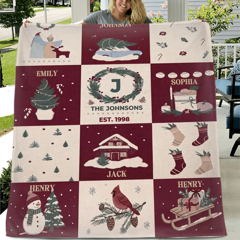 Personalized Family Christmas Fleece Throw Blanket – Custom Names, Up to 6 Members, Cozy Holiday Keepsake Gift