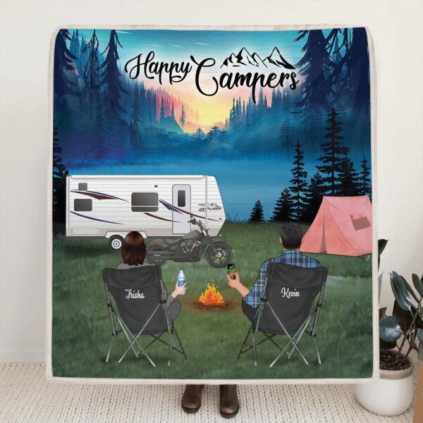 Custom Personalized Night Camping Blanket - Couple/Parents with up to 5 Kids and 2 Pets - Gift Idea For The Whole Family - Happy Campers