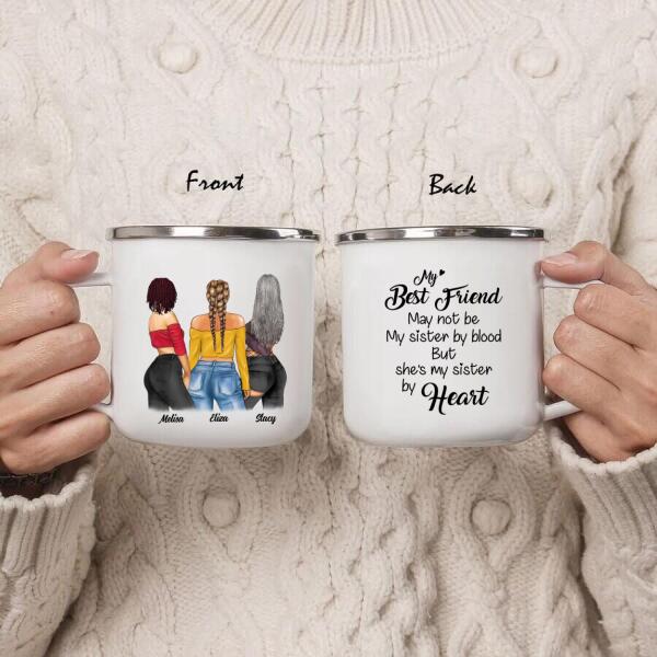 Personalized Best Friends Enamel Mug - Gift Idea For Besties - She's My Sister By Heart