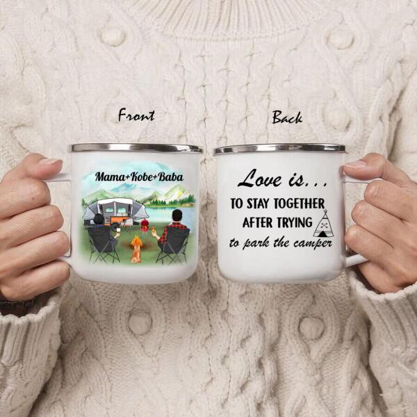 Custom Personalized Camping Enamel Mug - Man/ Woman/ Couple/ Parents With Upto 4 Kids And 5 Pets - Gift For Camping Lover - Love Is To Stay Together After Trying To Park The Camper