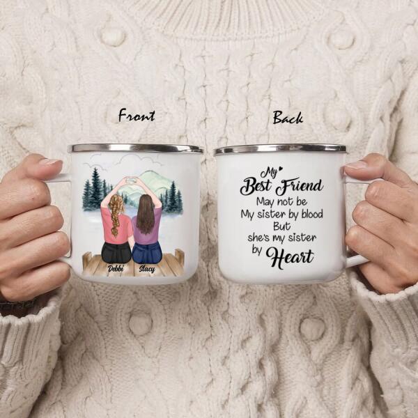 Custom Personalized Friend Enamel Mug - 2 Besties - She's My Sister By Heart