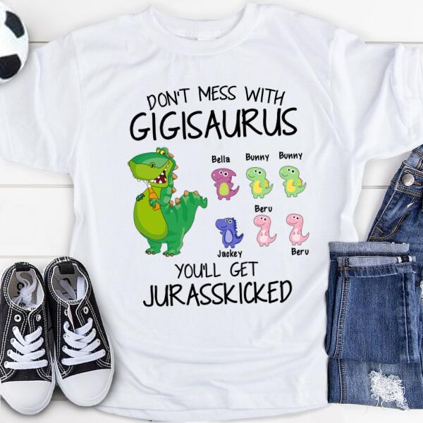 Custom Personalized Grandpa/Grandma Dinosaurs Kid T-Shirt - Gift For Grandparents/Grandkids with up to 6 Grandkids Dinosaurs - It's not a Grandpa bod - 5WKPPY