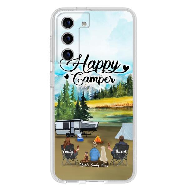 Custom Personalized Camping Phone Case - Parents With 1 Kids And 2 Pets - Best Gift For Family - Happy Camper