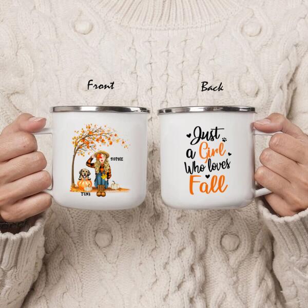 Custom Personalized Fall Dog Mom Enamel Mug - Upto 4 Pets - Best Gift For Dog Lovers - Just A Girl Who Loves Fall - MTJKZW