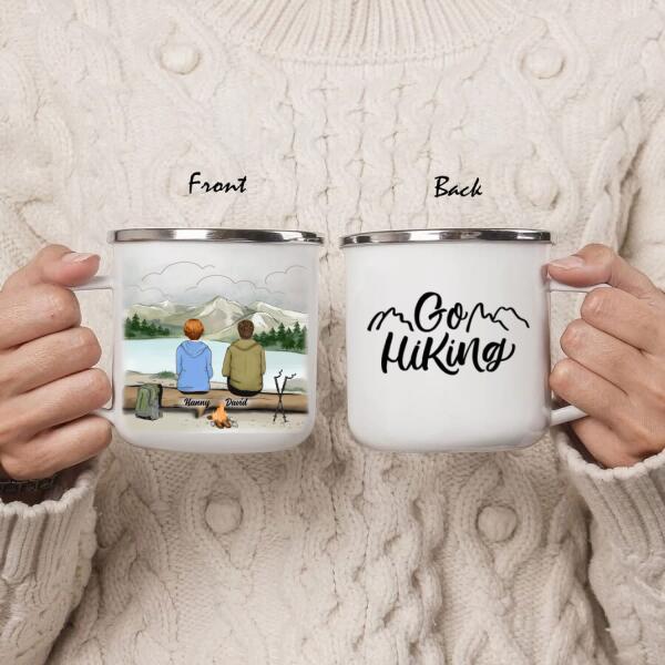 Personalized Hiking Couple Enamel Mug- Couple With Upto 4 Pets - Best Gift For Hiking Lover - Go Hiking