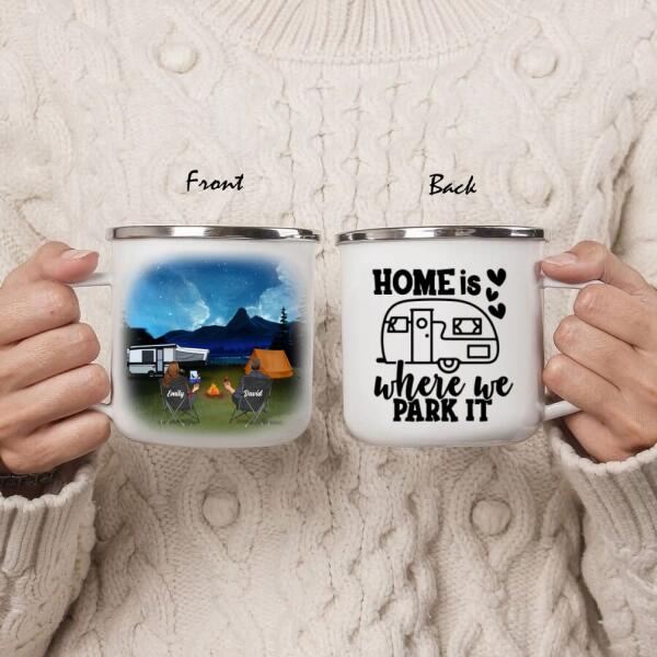 Custom Personalized Night Camping Enamel Mug - Best Gift For Camping Family/Couple/Single Parent/Solo - Upto 4 Kids and 6 Pets - Home Is Where We Park It