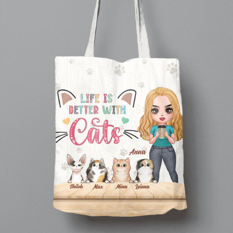 Personalized Cat Mom Chibi Canvas Bag - Gift Idea For Mother's Day/Cat Lovers With Up to 6 Cats -Life Is Better With Cats
