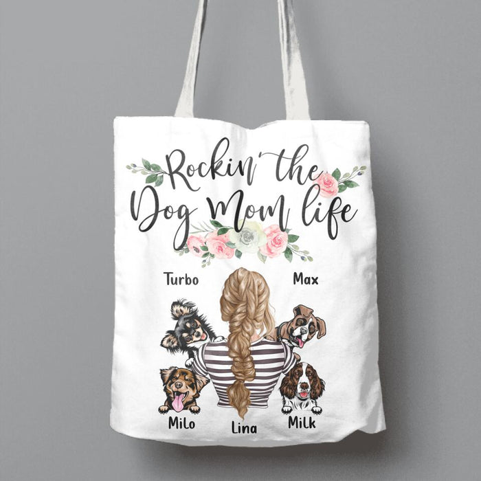 Custom Personalized Dog Mom Canvas Bag - Upto 4 Dogs - Best Gift Idea For Dog Lovers/ Mother's Day - Rockin' The Dog Mom Life