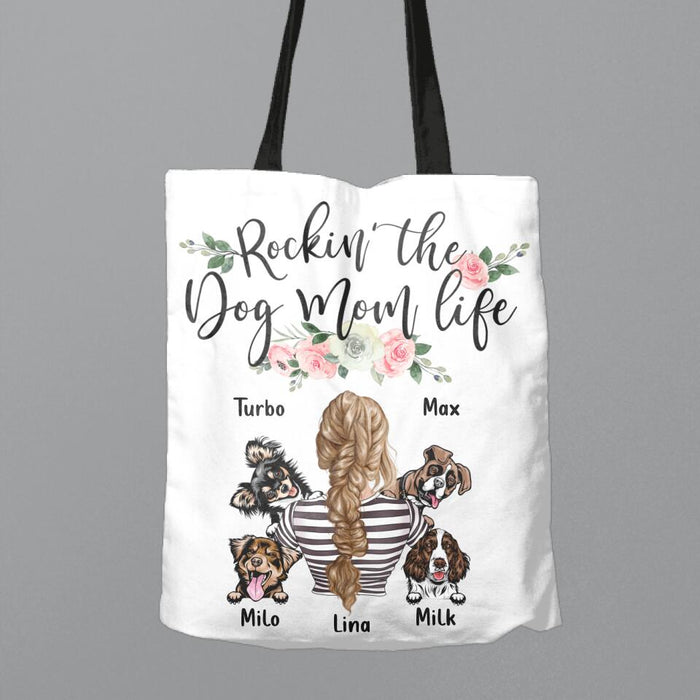 Custom Personalized Dog Mom Canvas Bag - Upto 4 Dogs - Best Gift Idea For Dog Lovers/ Mother's Day - Rockin' The Dog Mom Life