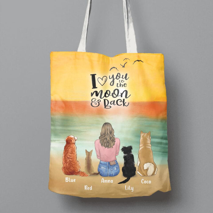 Custom Personalized Pet Mom Canvas Bag - Upto 4 Pets - Gift For Dog/Cat Lovers - I Love You To The Moon & Back