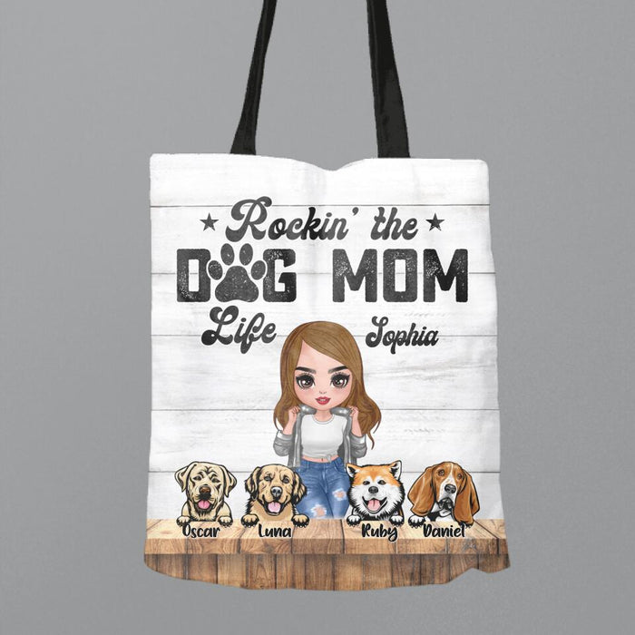 Custom Personalized Dog Mom Front Canvas Bag - Gifts For Dog Lover With Up to 4 Dogs - Rockin' The Dog Mom Life