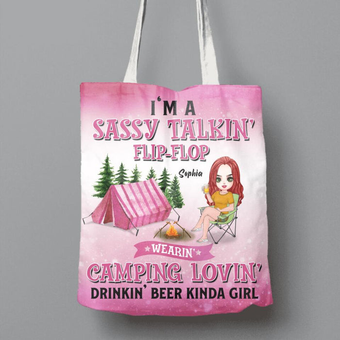 Custom Personalized Camping Girl Canvas Bag - Gift Idea For Camping Lovers - I'm A Sassy Talkin' Flip - Flop Camping Lovin' Drinkin' Beer Kinda Girl