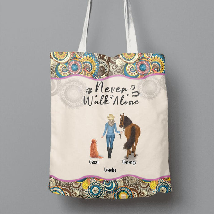 Custom Personalized Horse And Dog Canvas Bag - Upto 2 Horses And 4 Dogs - Gift Idea For Horse/Dog Lovers - Never Walk Alone