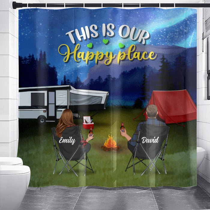 Custom Personalized Family Camping Trip Shower Curtain - Couple/ Single Parent/ Parents With Upto 3 Kids And 4 Pets - Gift Idea For Whole Family/ Camping Lover - This Is Our Happy Place