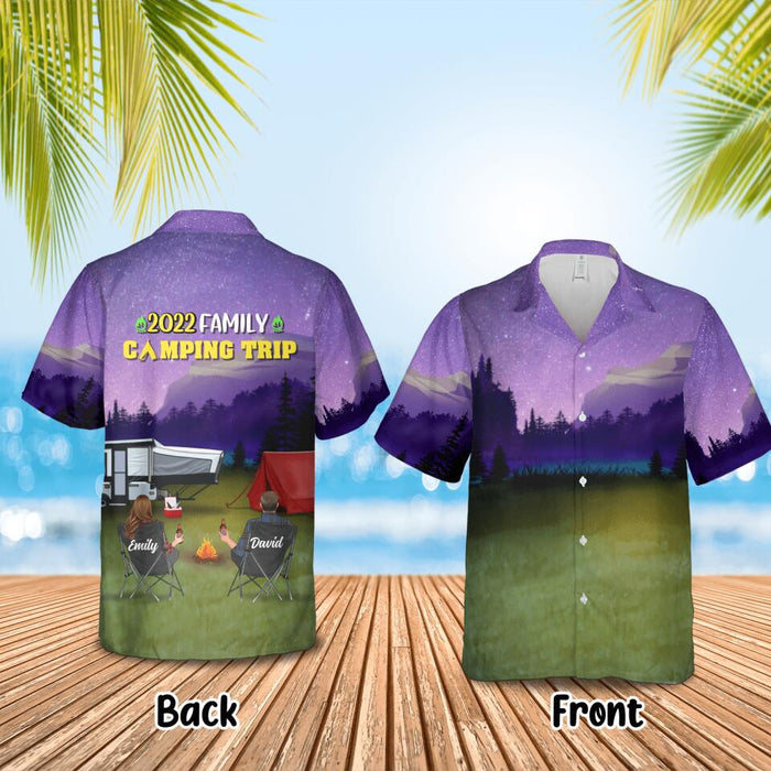 Custom Personalized Family Camping Trip Hawaiian Shirt - Couple/ Single Parent/ Parents With Upto 2 Kids And 4 Pets - Gift Idea For Whole Family/ Camping Lover