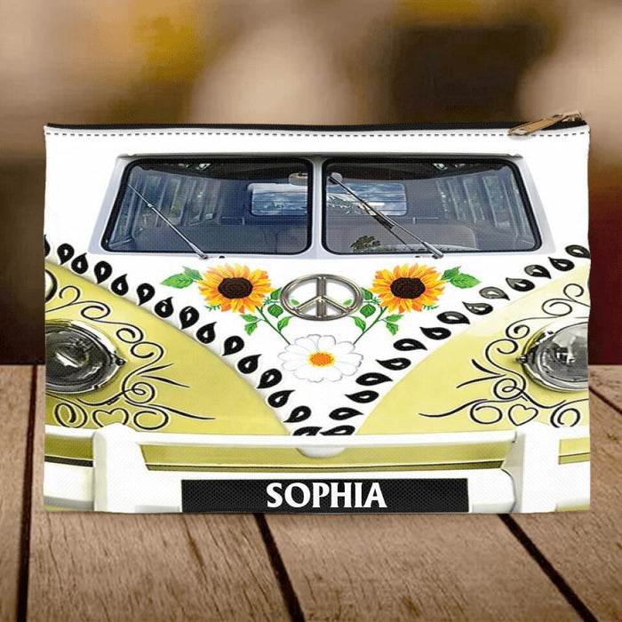 Custom Personalized Sunflower Peace Bus Accessory Pouch - Best Gift Idea For Bus Lovers