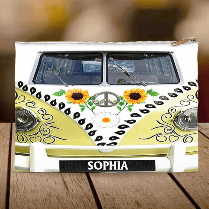 Custom Personalized Sunflower Peace Bus Accessory Pouch - Best Gift Idea For Bus Lovers