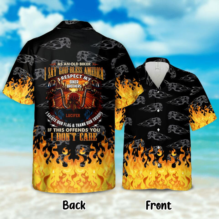 Custom Personalized Biker Old Man Hawaiian Shirt without Pocket - Gift Idea For Father's Day/ Biker Lover - As An Old Biker I Say God Bless America