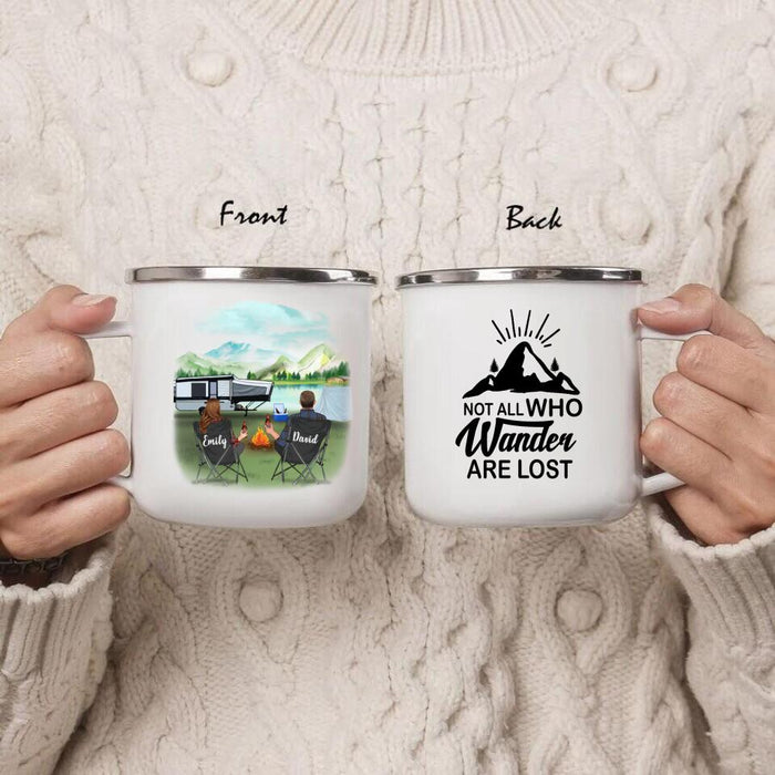 Custom Personalized Camping Enamel Mug - Couple/ Parents With Upto 4 Kids And 6 Pets - Gift For Family - Not All Who Wander Are Lost