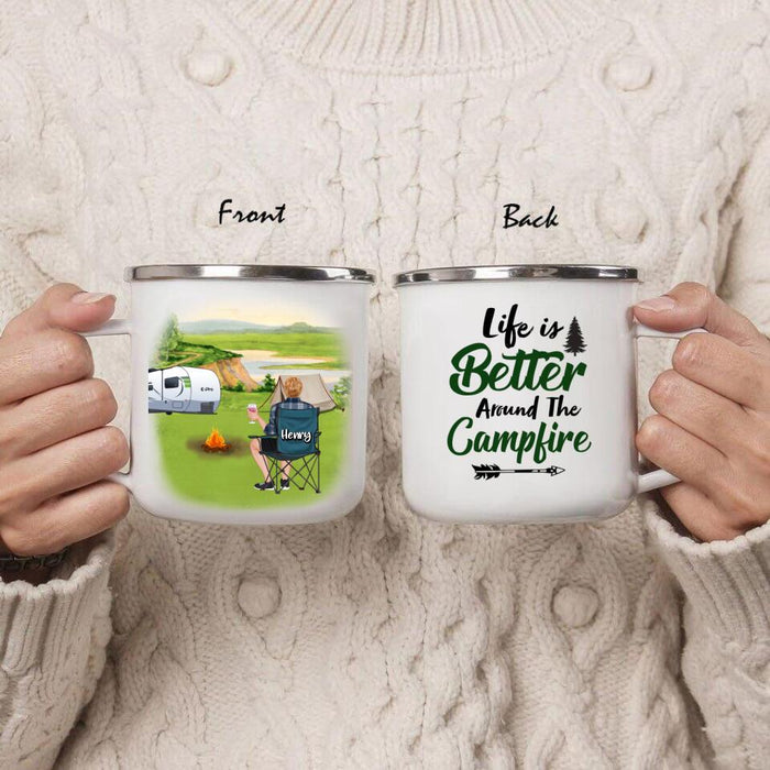Custom Personalized Camping Enamel Mug - Upto 5 Pets - Gift Idea For Mom/Dad - Life Is Better Around The Campfire