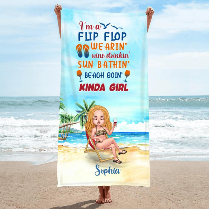 Custom Personalized Camping Beach Towel - Gift Idea For Beach Lover - I'm A Flip Flop Wearin' Wine Drinkin' Sun Bathin' Beach Goin' Kinda Girl