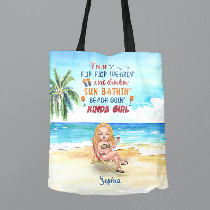 Custom Personalized Beach Canvas Bag - Gift Idea For Beach Lover - I'm A Flip Flop Wearin' Wine Drinkin' Sun Bathin' Beach Goin' Kinda Girl