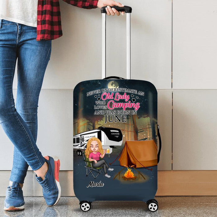 Custom Personalized Camping Queen Suitcase Luggage Cover - Gift Idea For Camping Lovers - Never Underestimate An Old Lady Who Loves Camping And Was Born In June