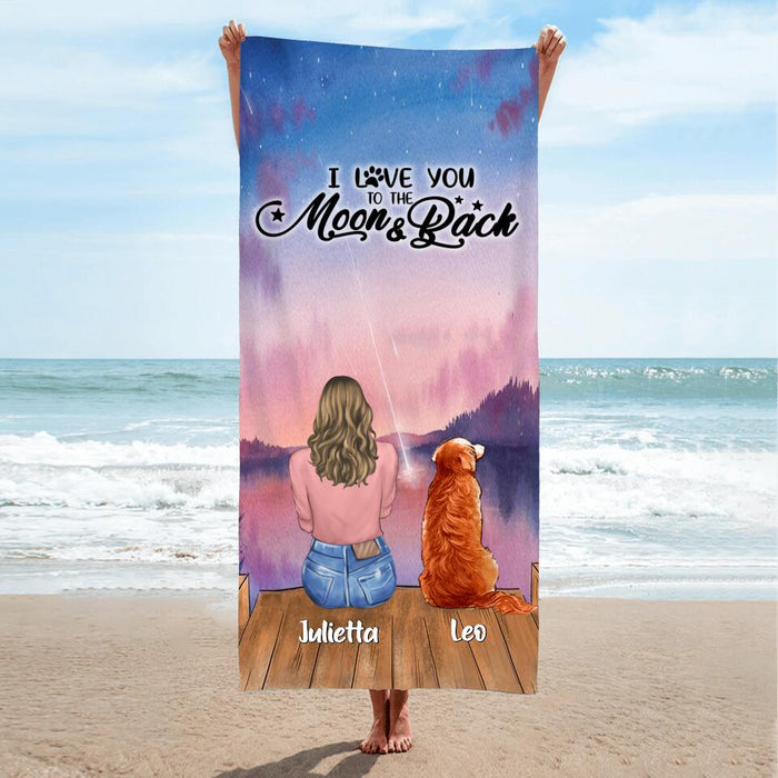 Custom Personalized Dog Mom/ Dog Dad Beach Towel - Gift Idea For Dog Lover with up to 6 Dogs - I Love You To The Moon & Back
