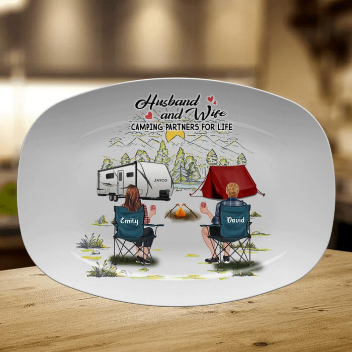 Custom Personalized Camping Serving Platter - Gift Idea For Camping Lovers/Couple With Up To 4 Dogs - Husband And Wife Camping Partners For Life