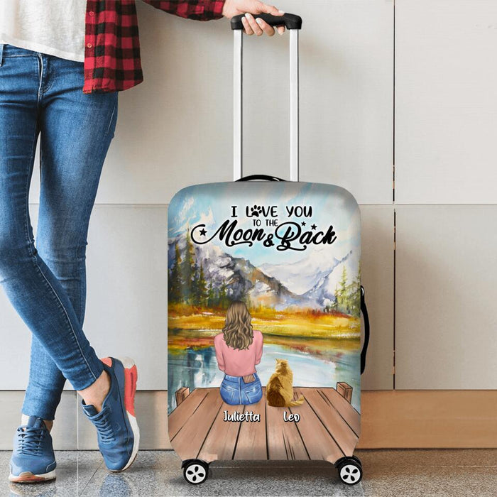 Custom Personalized Pet Mom/ Pet Dad Suitcase Luggage Cover - Gift Idea For Pet Lover With Up To 7 Pets - I Love You To The Moon & Back