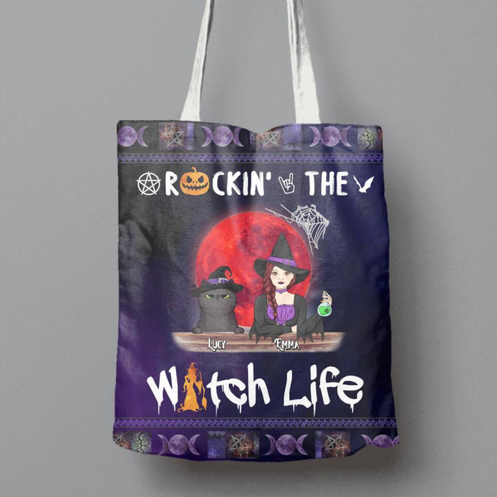 Custom Personalized Pet Witch Canvas Bag - Up to 3 Pets - Halloween Gift For Dog/ Cat Lover - Rockin' The Witch Life