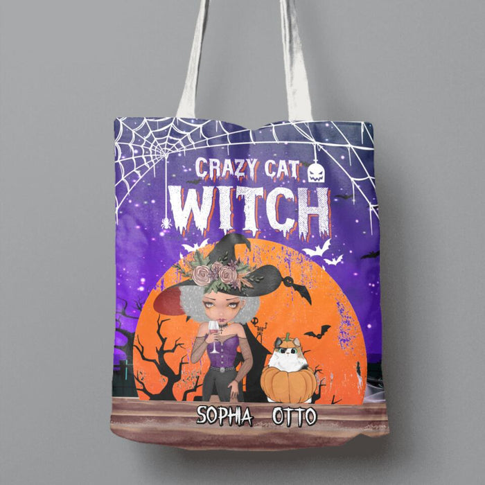 Custom Personalized Crazy Cat Witch Canvas Bag - Upto 4 Cats - Halloween Gift Idea For Cat Lovers