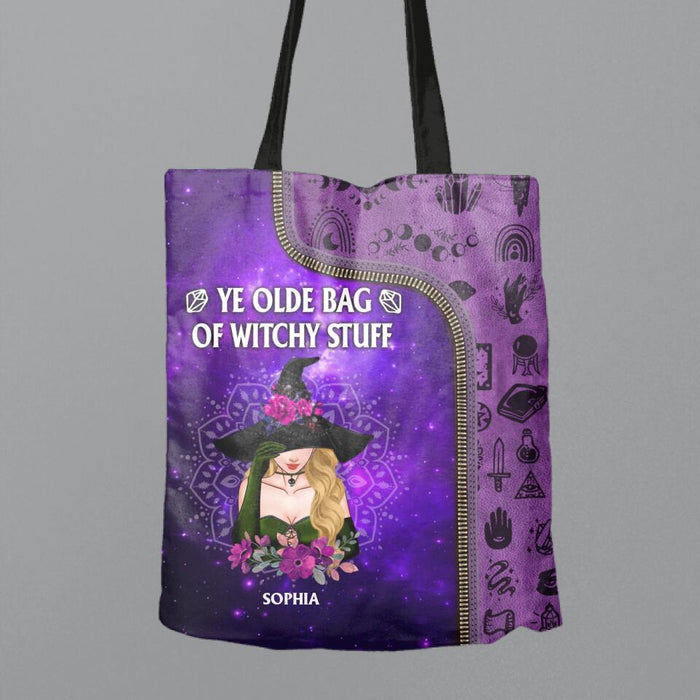 Custom Personalized Witch Canvas Bag - Gift Idea For Halloween - Ye Olde Bag Of Witchy Stuff