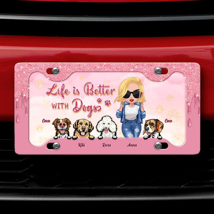 Custom Personalized Dog Mom License Plate - Gift Idea For Dog Lover with up to 4 Dogs - Life Is Better With Dogs