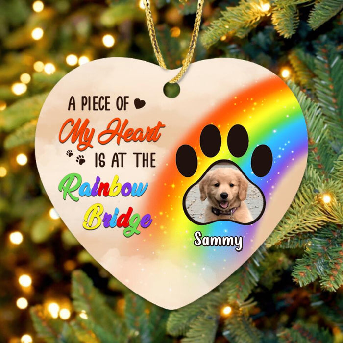 Custom Personalized Memorial Photo Heart Ornament - Upto 3 Photos - Memorial Gift Idea For Christmas/Loss Of Dogs - A Piece Of My Heart Is At The Rainbow Bridge