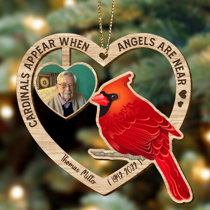 Custom Personalized Memorial Heart-Shaped Ornament - Gift Idea For Christmas - Custom Dad Photo - Cardinals Appear When Angels Are Near