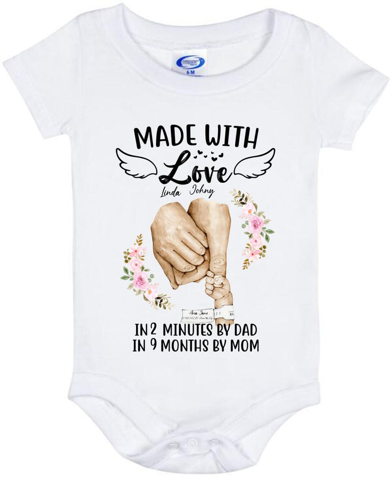 Personalized Baby Onesie - Best Gift Idea For Mother's Day/Father's Day - Made With Love In 2 Minutes By Dad, In 9 Months By Mom