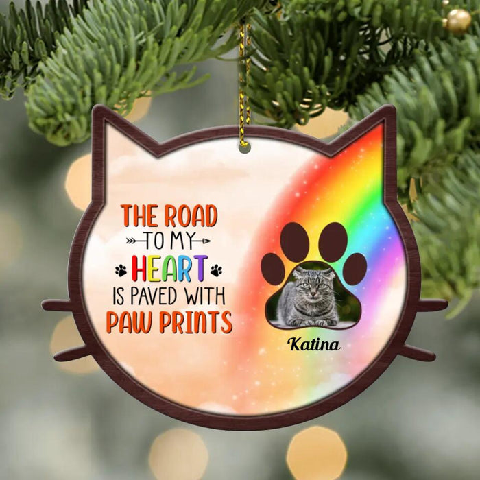 Custom Cat Photo Wooden Ornament - up to 3 Photos - Gift Idea For Cat Lover - The Road To My Heart Is Paved With Paw Prints