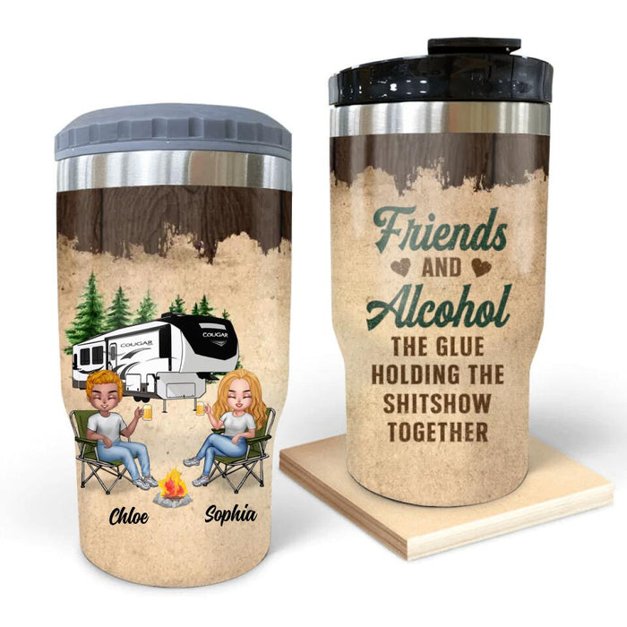 Custom Personalized Camping Friends 3 in 1 Can Cooler - Gift Idea For Camping Lovers - Up To 7 Friends - Friends And Alcohol The Glue Holding The Shitshow Together