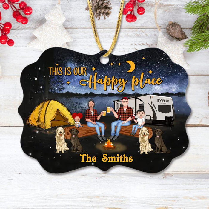 Custom Personalized Camping Family Rectangle Ornament - Gift Idea For Family With Up To 2 Kids and 4 Dogs - This Is Our Happy Place