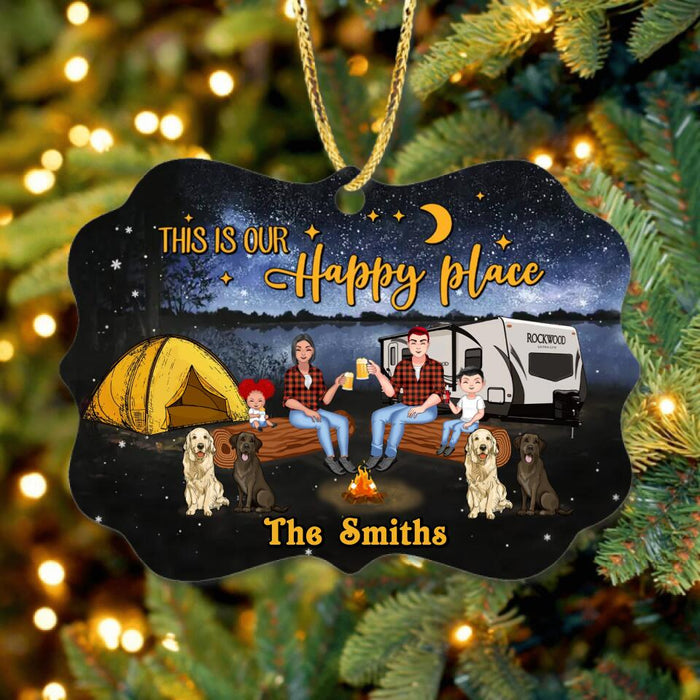 Custom Personalized Camping Family Rectangle Ornament - Gift Idea For Family With Up To 2 Kids and 4 Dogs - This Is Our Happy Place